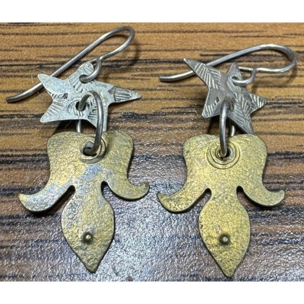 Vintage Earrings Roggio Brass and Sterling Silver Fleur-de-lis Star Drop 1 2/8"